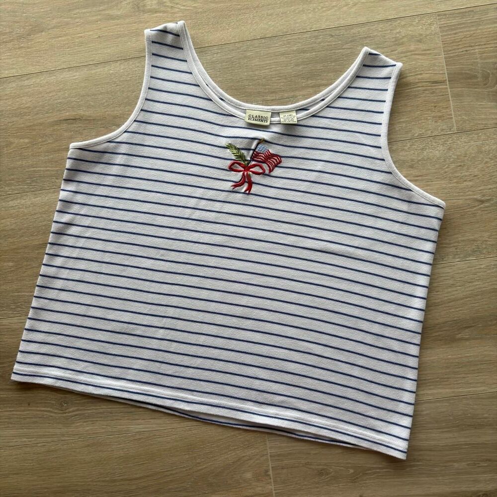 Classic Elements XL White & Blue Striped Tank Top Embroidered Flag VTG 90's USA
